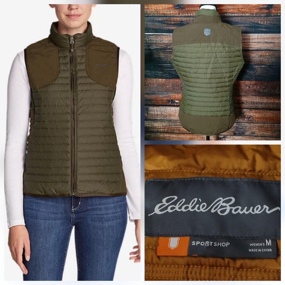 Eddie Bauer Quilted Vest M Goose Down Insulated Full Zip Green Pockets